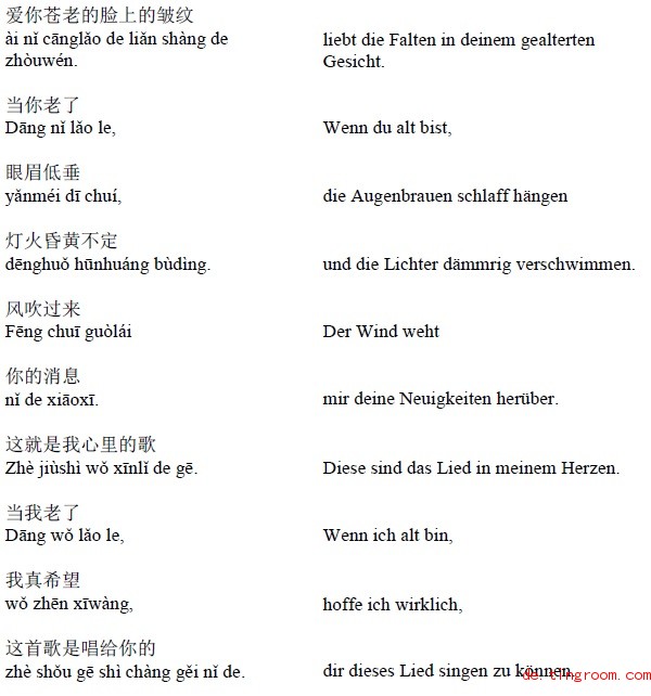 经典中文歌曲德语翻译:当你老了