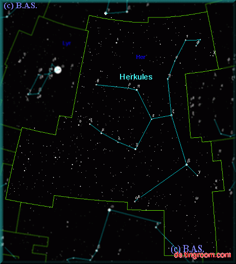 Sommersternbild Herkules am Himmel finden. Astronomie